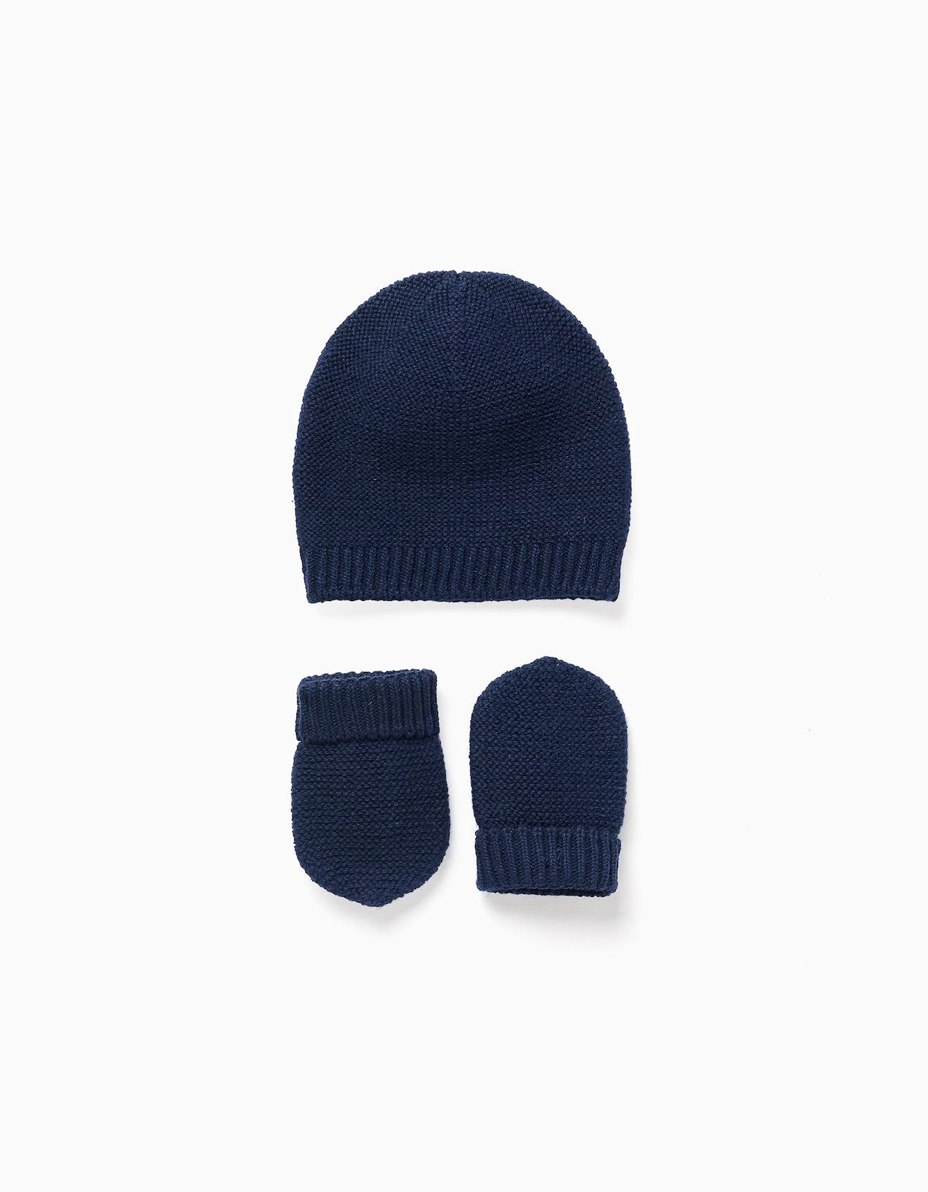 Pack De Bonnet + Gants En Maille Bleu