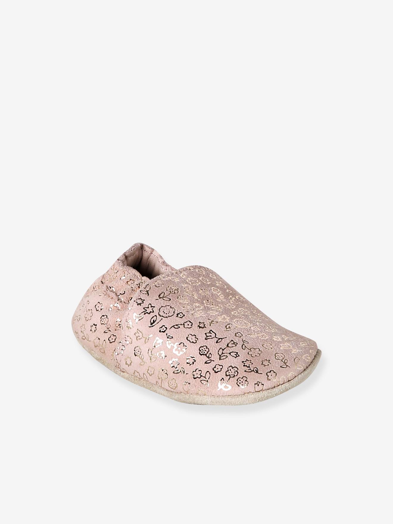 Chaussons bb cuir souple rose imprim 12$
