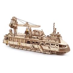 Jouet-Bateau de recherche en bois à construire – maquette mécanique 3D avec moteur à élastique