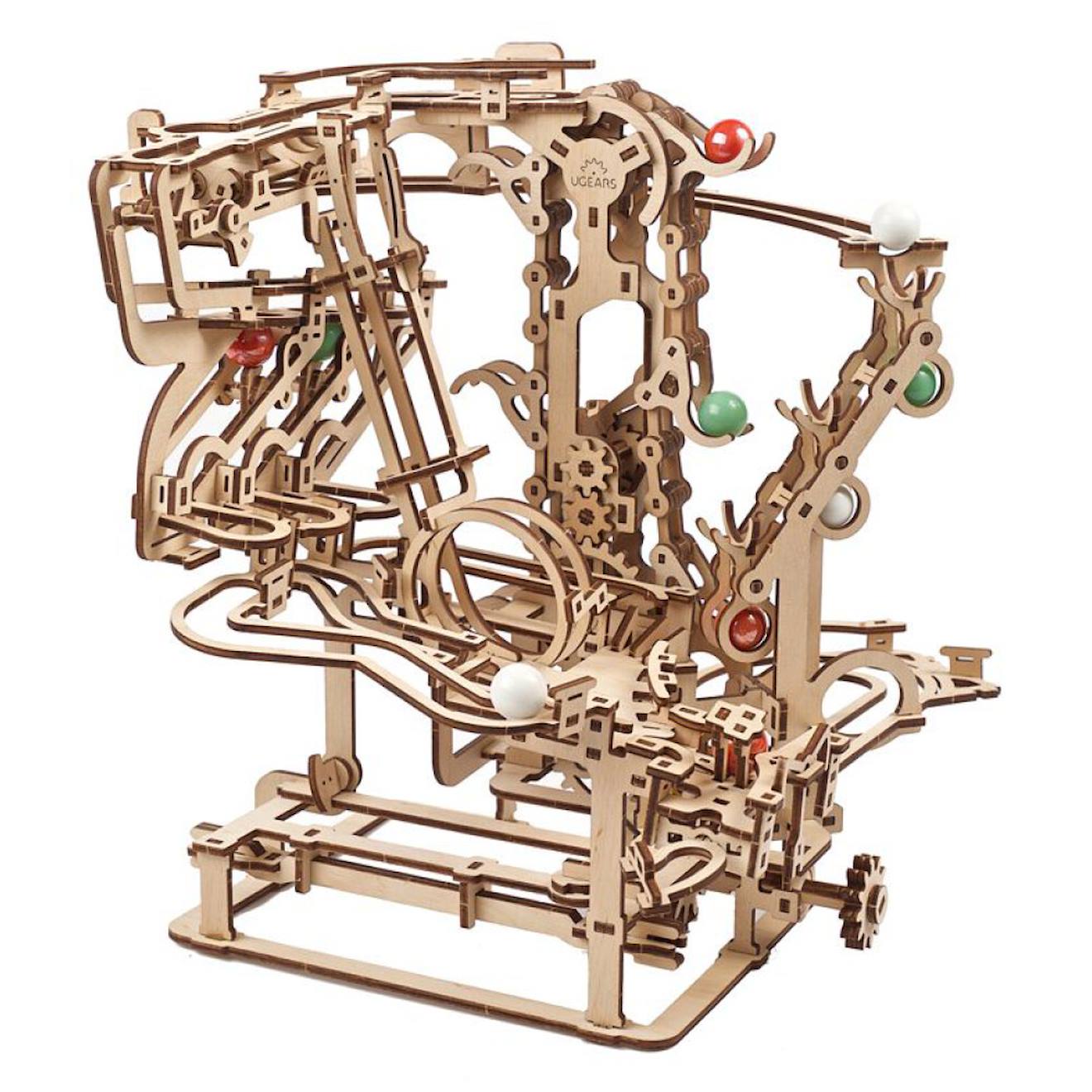 Circuit À Billes Avec Palan À Chaîne – Maquette Mécanique En Bois À Construire, Puzzle 3d Avec Ascenseur Et Pistes Modulables Brown