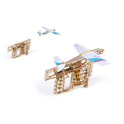 Jouet-Lanceur d’avion en bois à construire – maquette mécanique 3D avec moteur à élastique et avions inclus