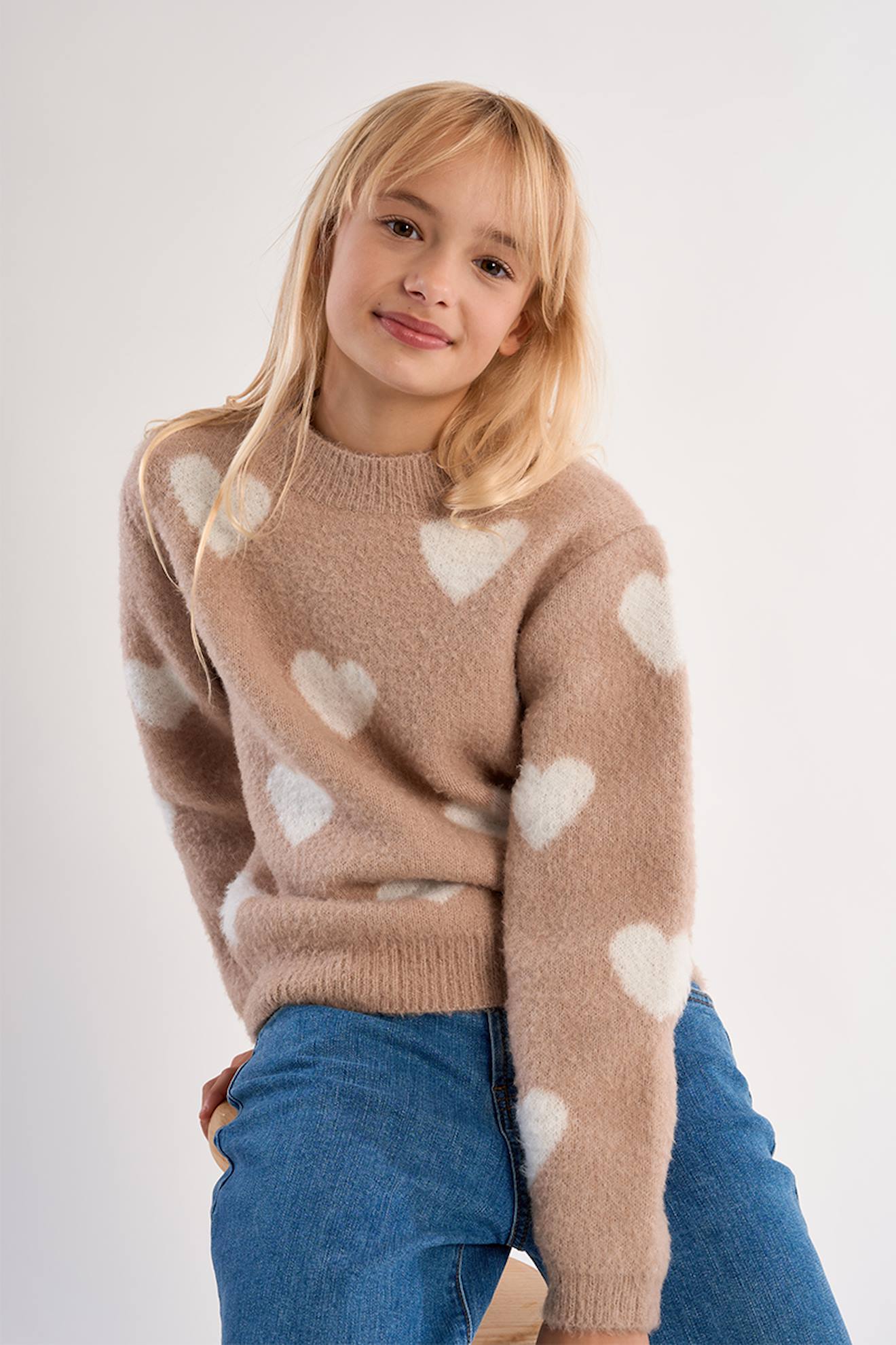 Pull En Maille Peluche, Motif Cœur Beige