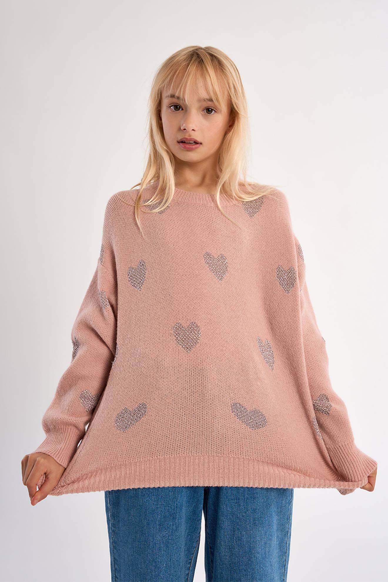 Pull En Maille Avec Cœurs Rose