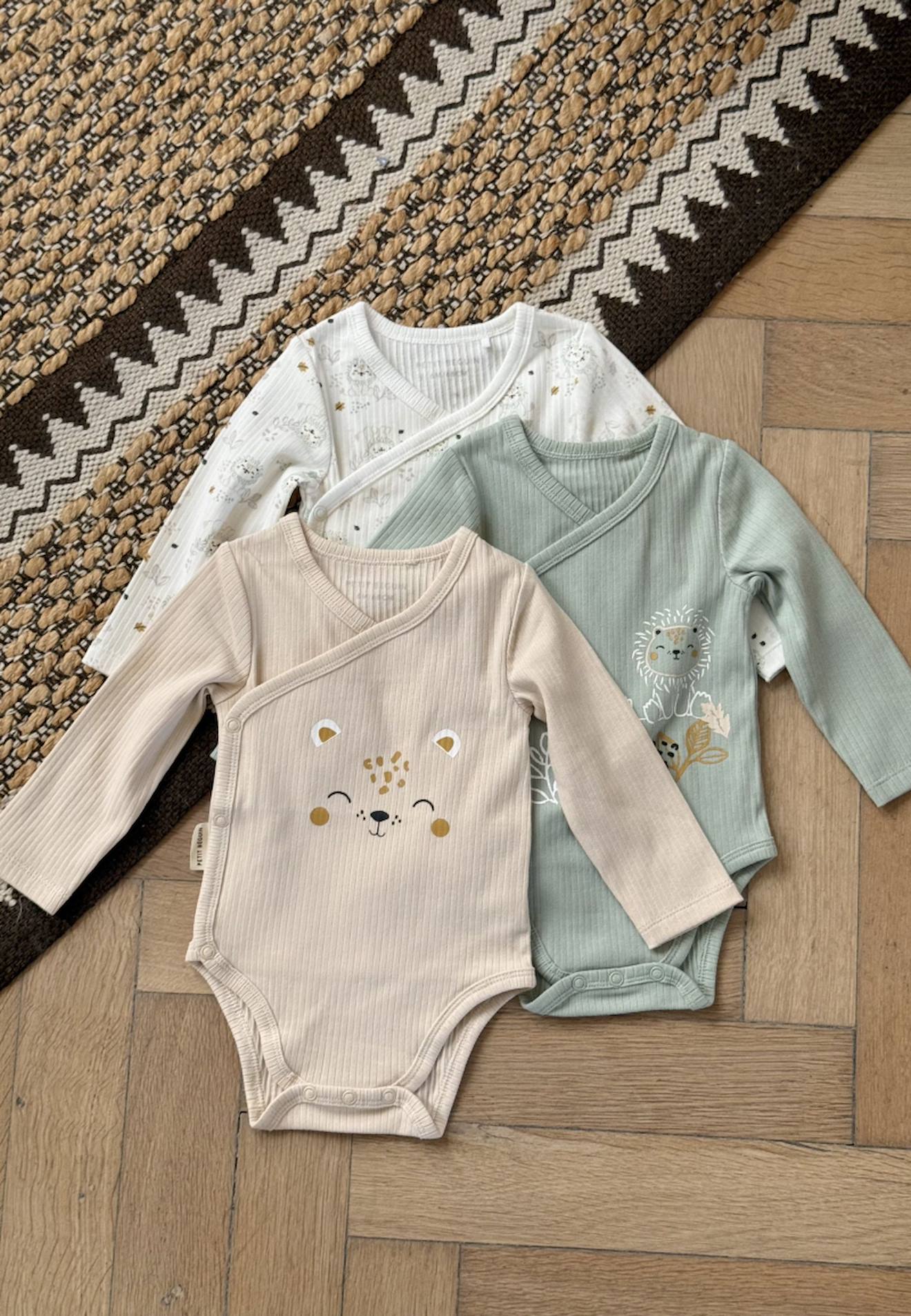 Lot De 3 Bodies Bébé Côtelés Manches Longues Ouverture Croisée Kenya Beige