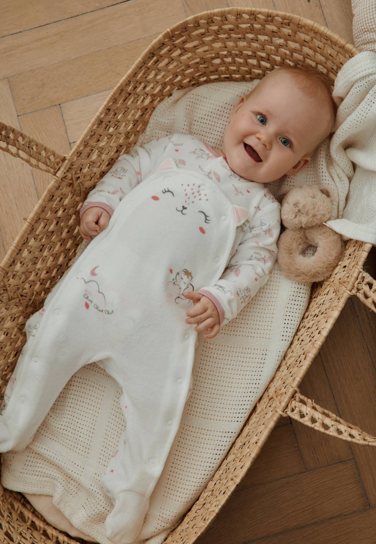 Pyjama Bébé En Velours Ouverture Pont Miss Chatchatchat Ecru