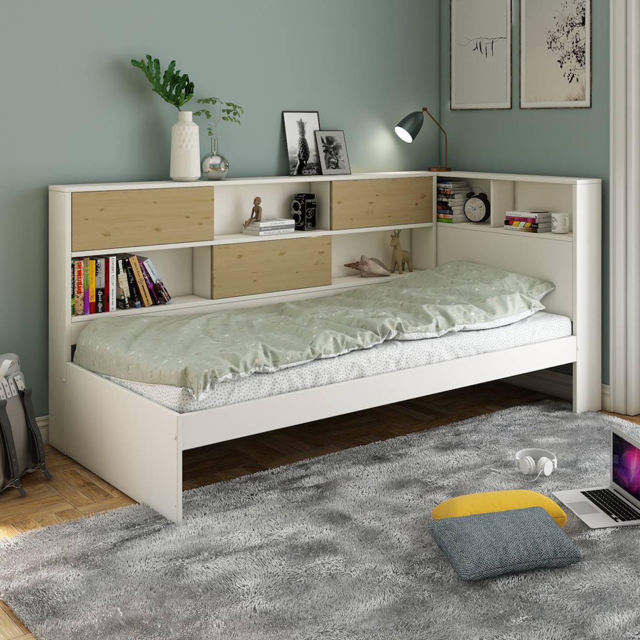 Lit à rangements pin massif ambre blanc bois
