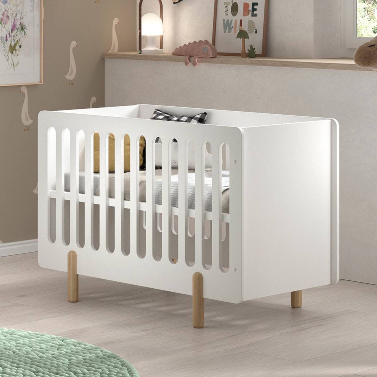 Lit Bébé Sommier Réglable Pin Massif Et Imitation Bois Darius Blanc Bois
