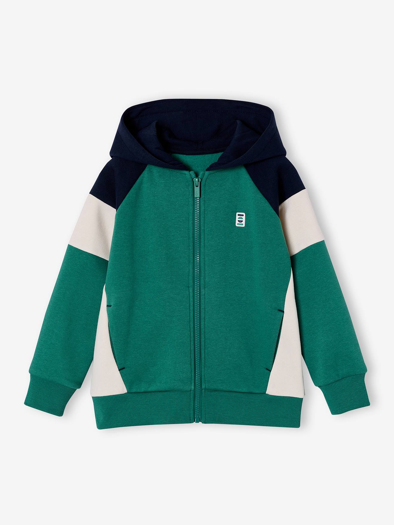 Sweat zippé garçon capuche coloblock vert