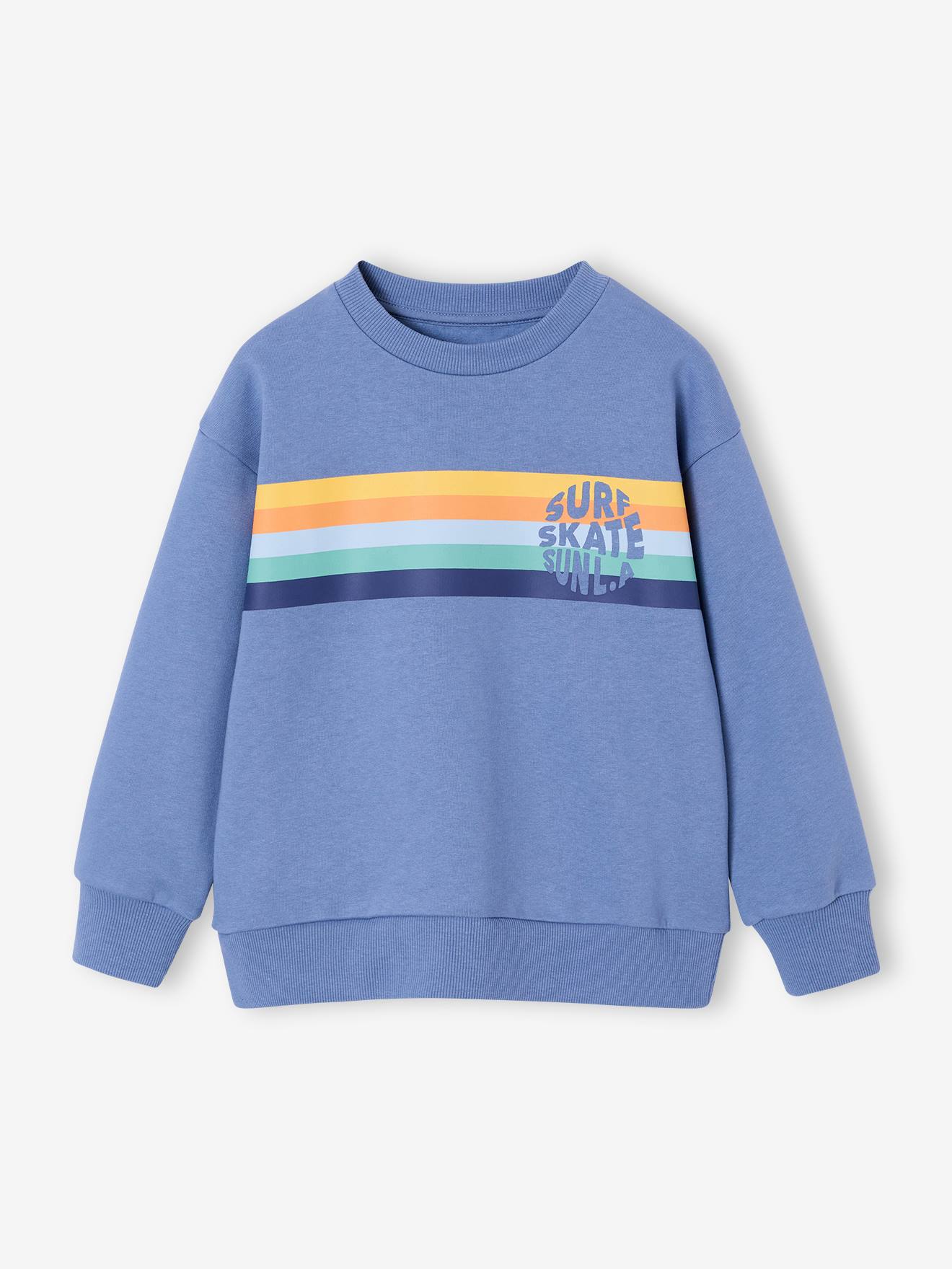 Sweat garçon col rond rayures graphiques bleu grisé
