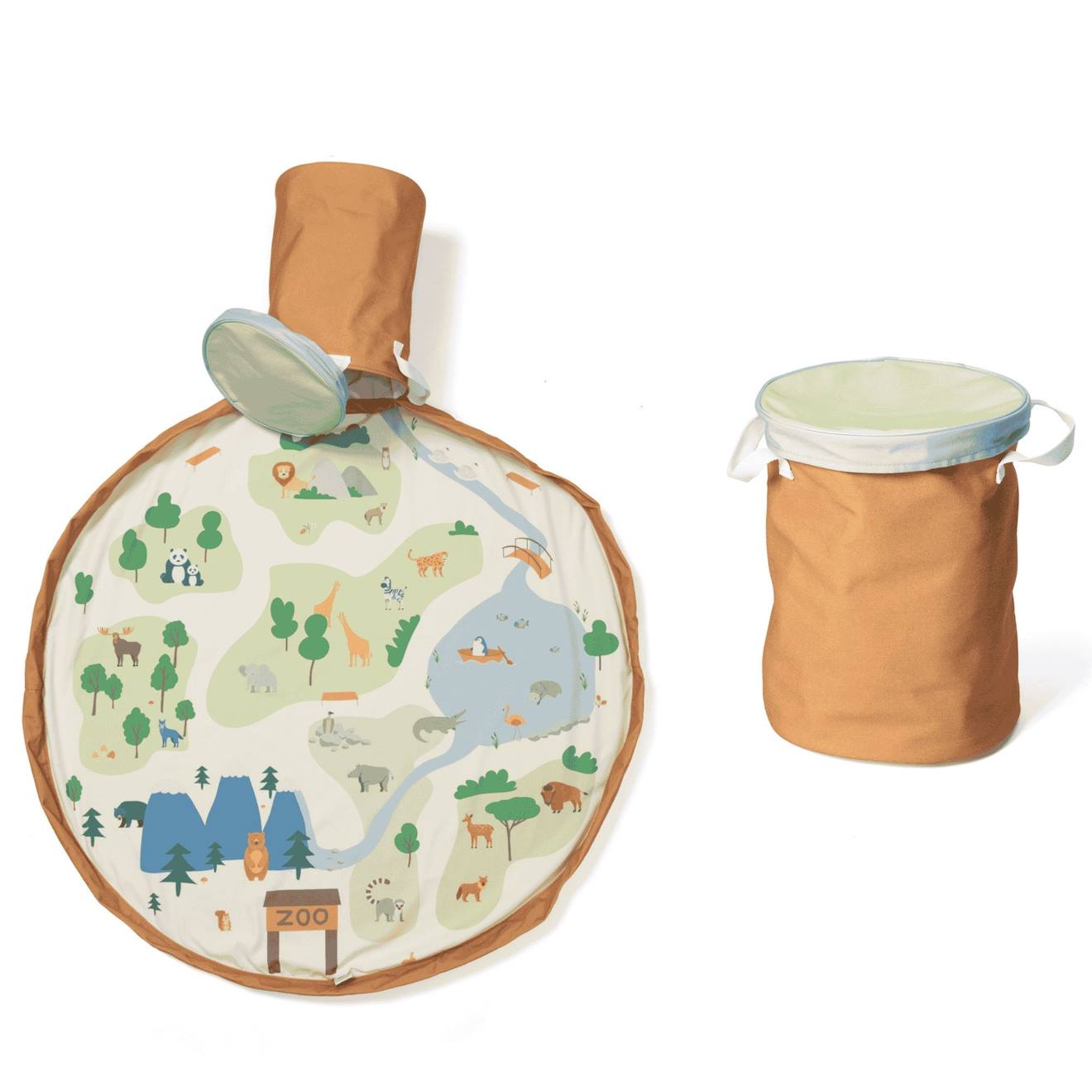 Tapis De Jeu & Panier À Jouets- Zoo Orange Naturel, Vert Et Bleu