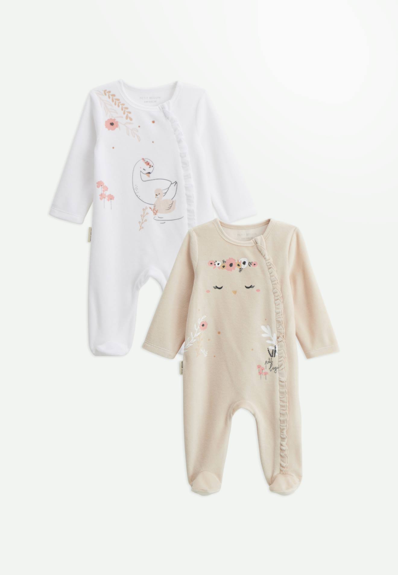 Lot De 2 Pyjamas Bébé En Velours Ouverture Zippée Perle Ecru