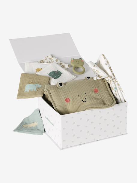 Coffret cadeau naissance 8 pièces : 1 hochet, 1 tapis à langer nomade, 5 lingettes, 1 pochette Babylone+Bayou+blanc imprimé 11 - vertbaudet enfant 