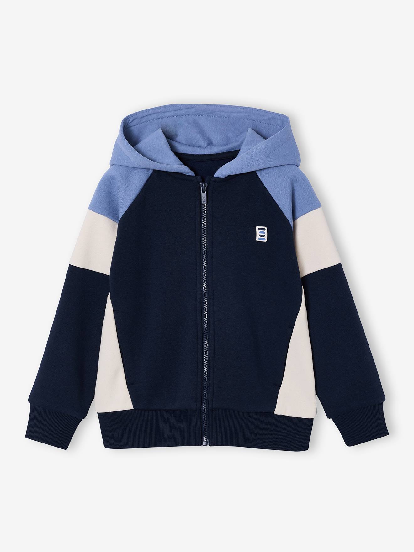 Sweat zippé garçon capuche coloblock bleu moyen
