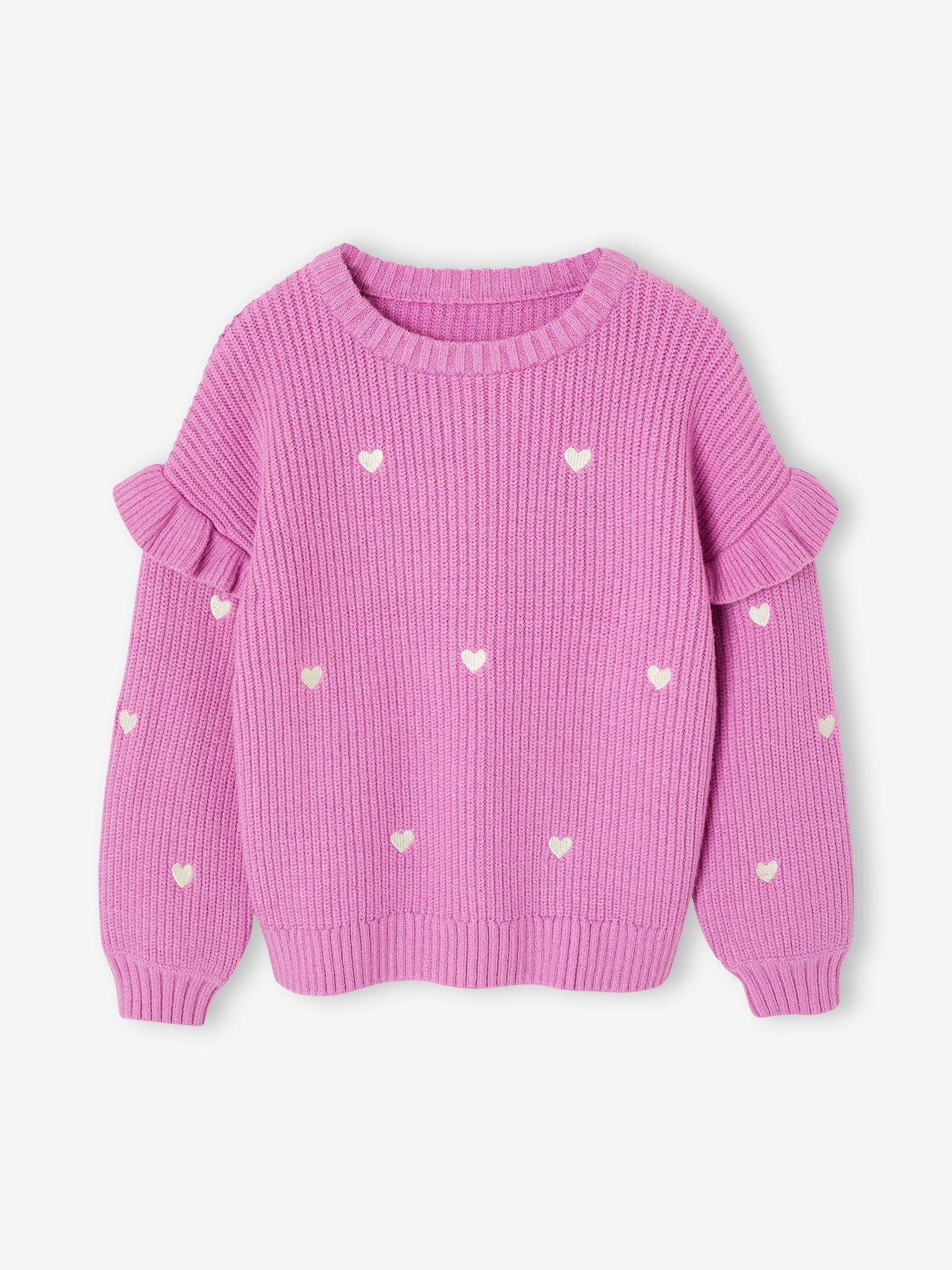 Pull fille brodé manches volantées mauve