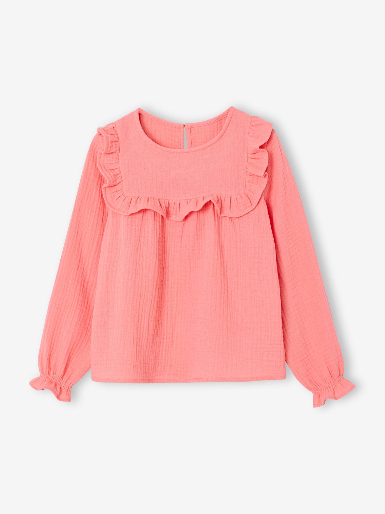 Blouse fille à volant en gaze de coton corail