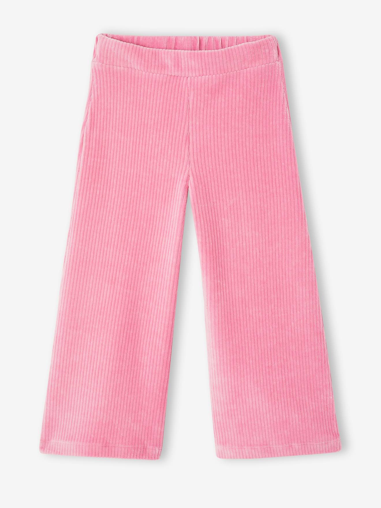 Pantalon fille large en velours rose