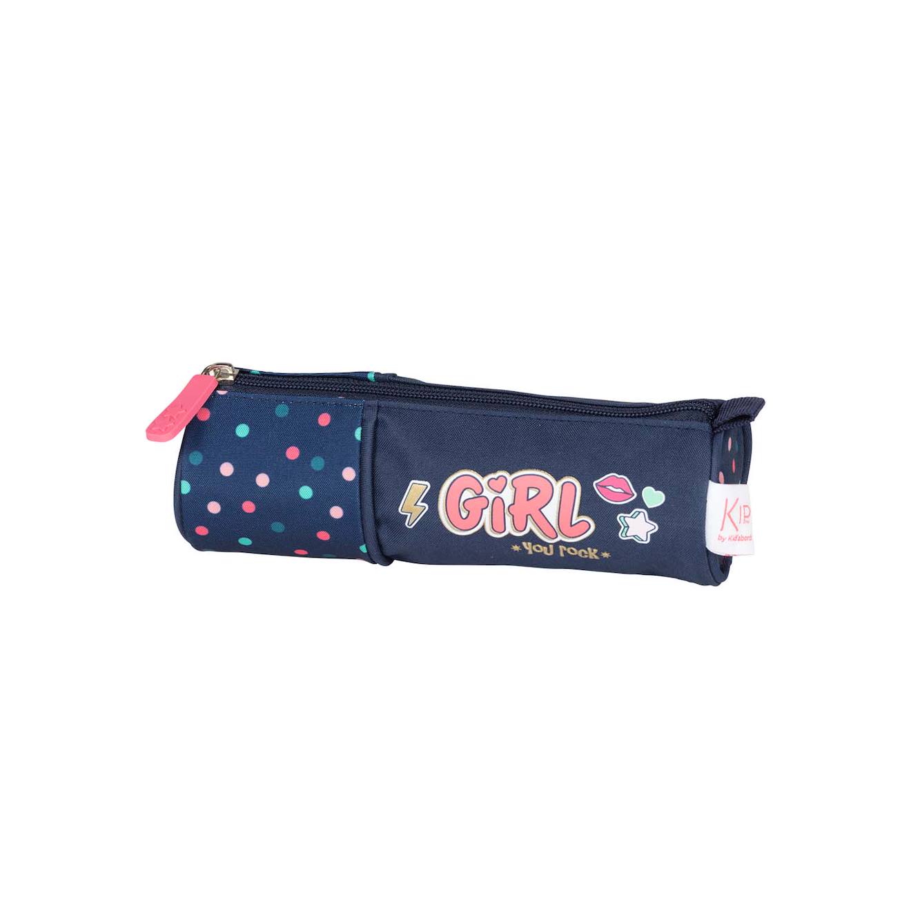 Trousse ronde fille KIP Girl You Rock avec 1 compartiment CP/CE1/CE2 Bleu marine à pois multicolores marine/multicolore