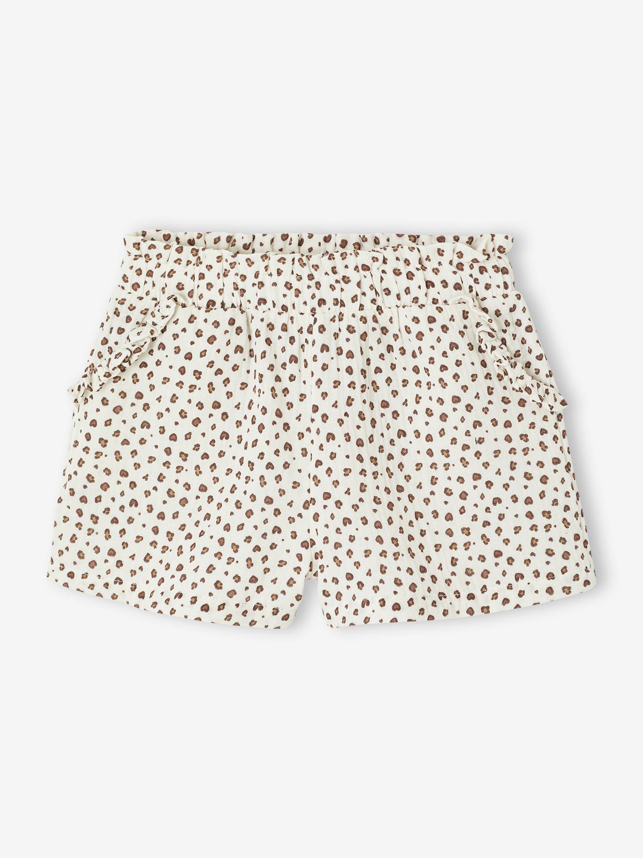 Short fille taille en gaze de coton beige
