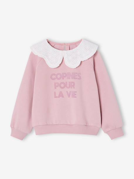 Sweat fille col brodé message flock velours  - vertbaudet enfant
