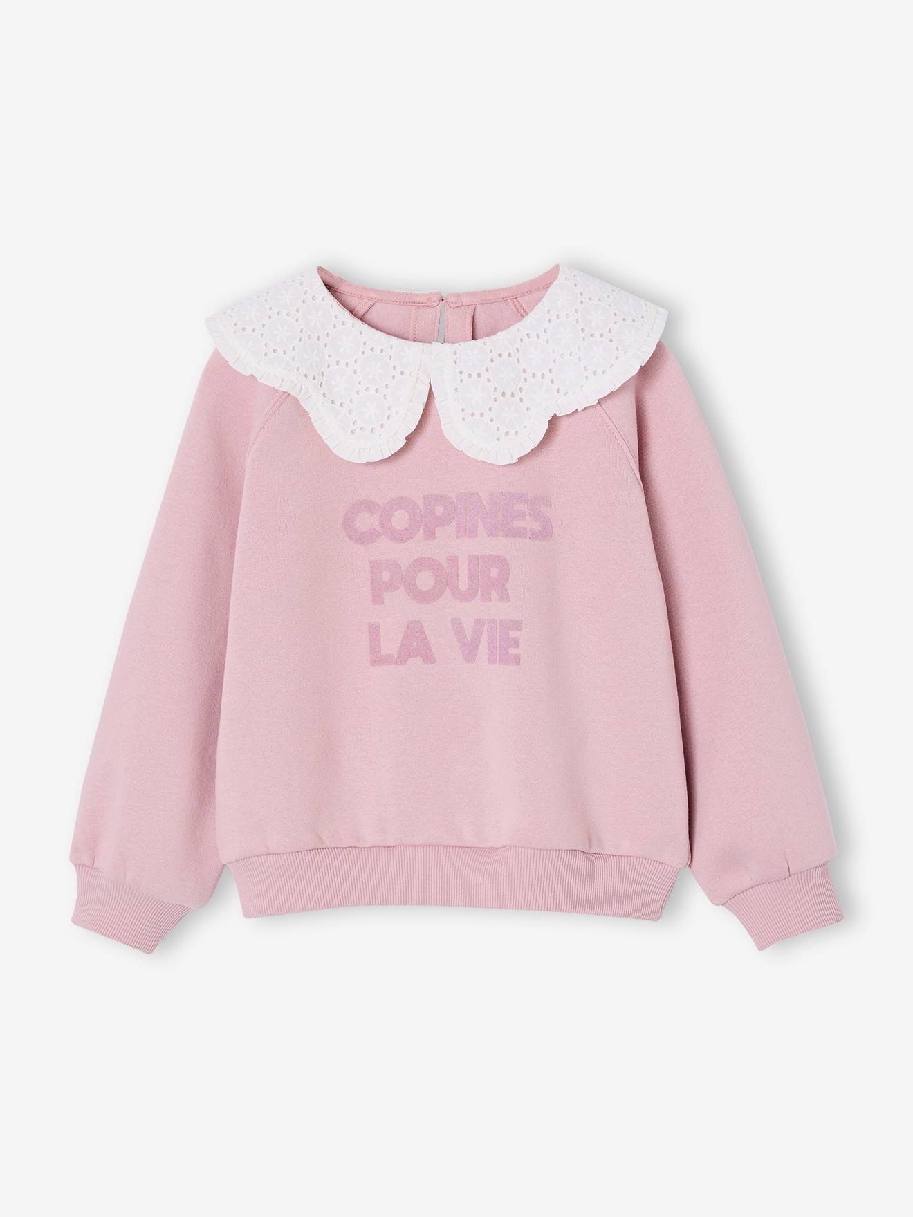 Sweat fille col claudine broderie anglaise rose pâle