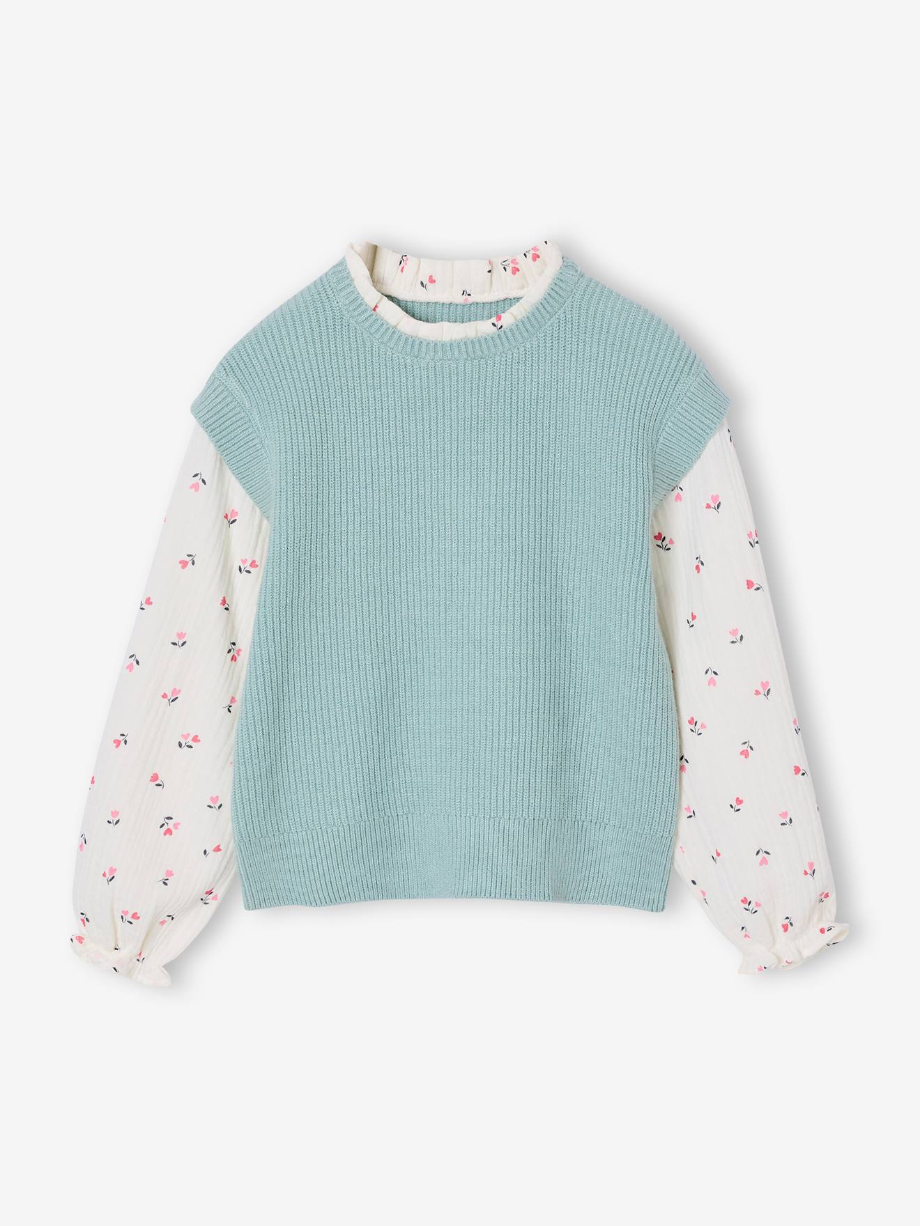 Pull 2 en 1 fille manches bleu gris 13 €