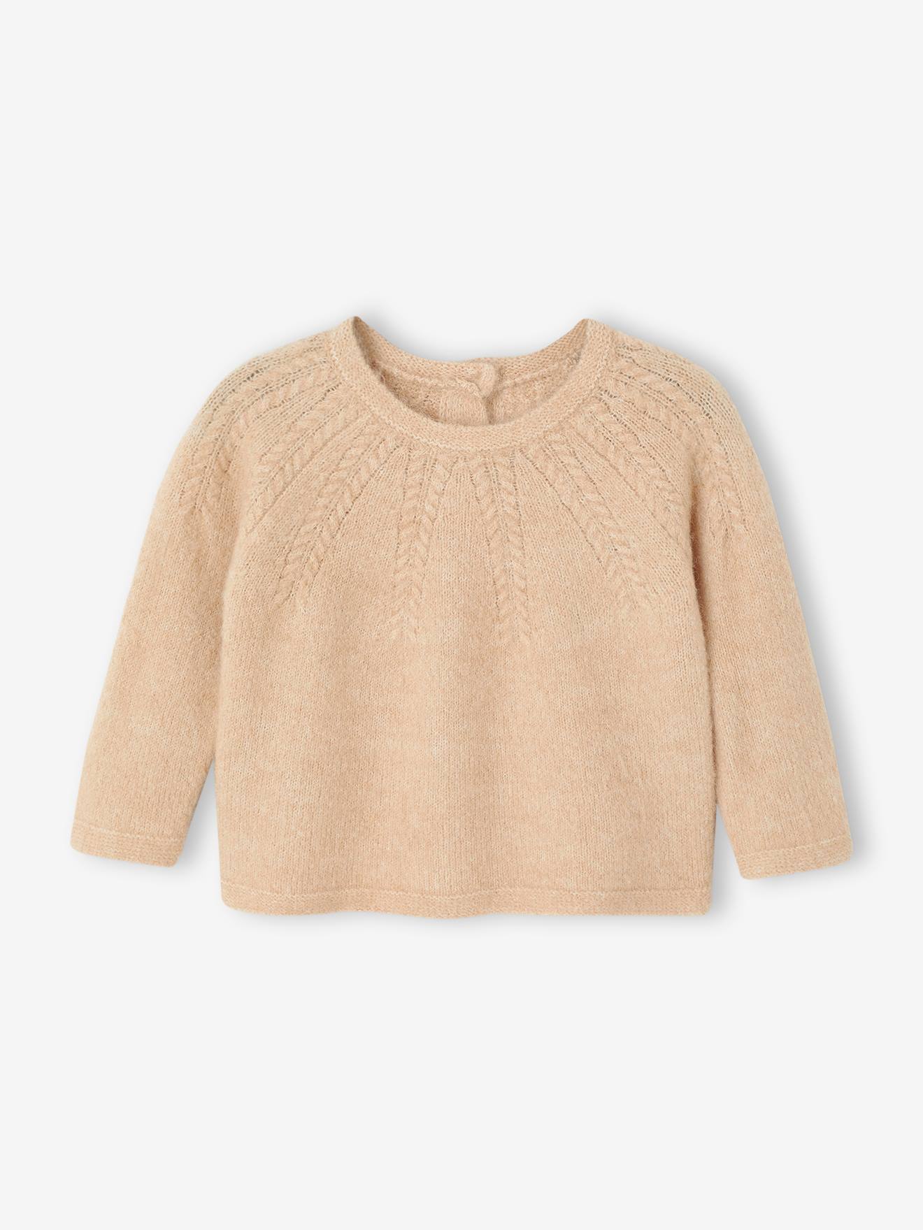 Pull bébé fille maille ajourée beige chiné