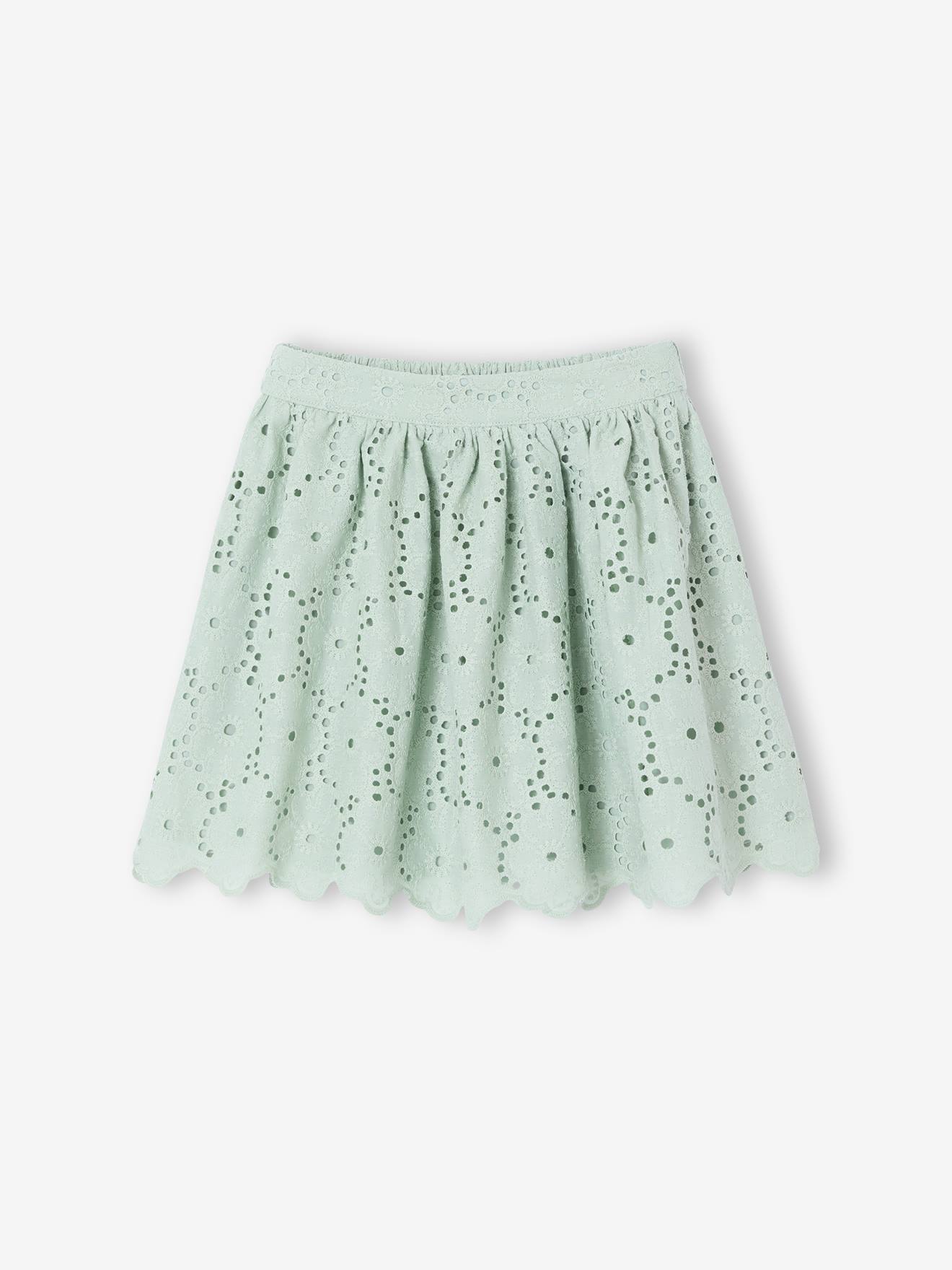 Jupe fille en broderie anglaise vert sauge