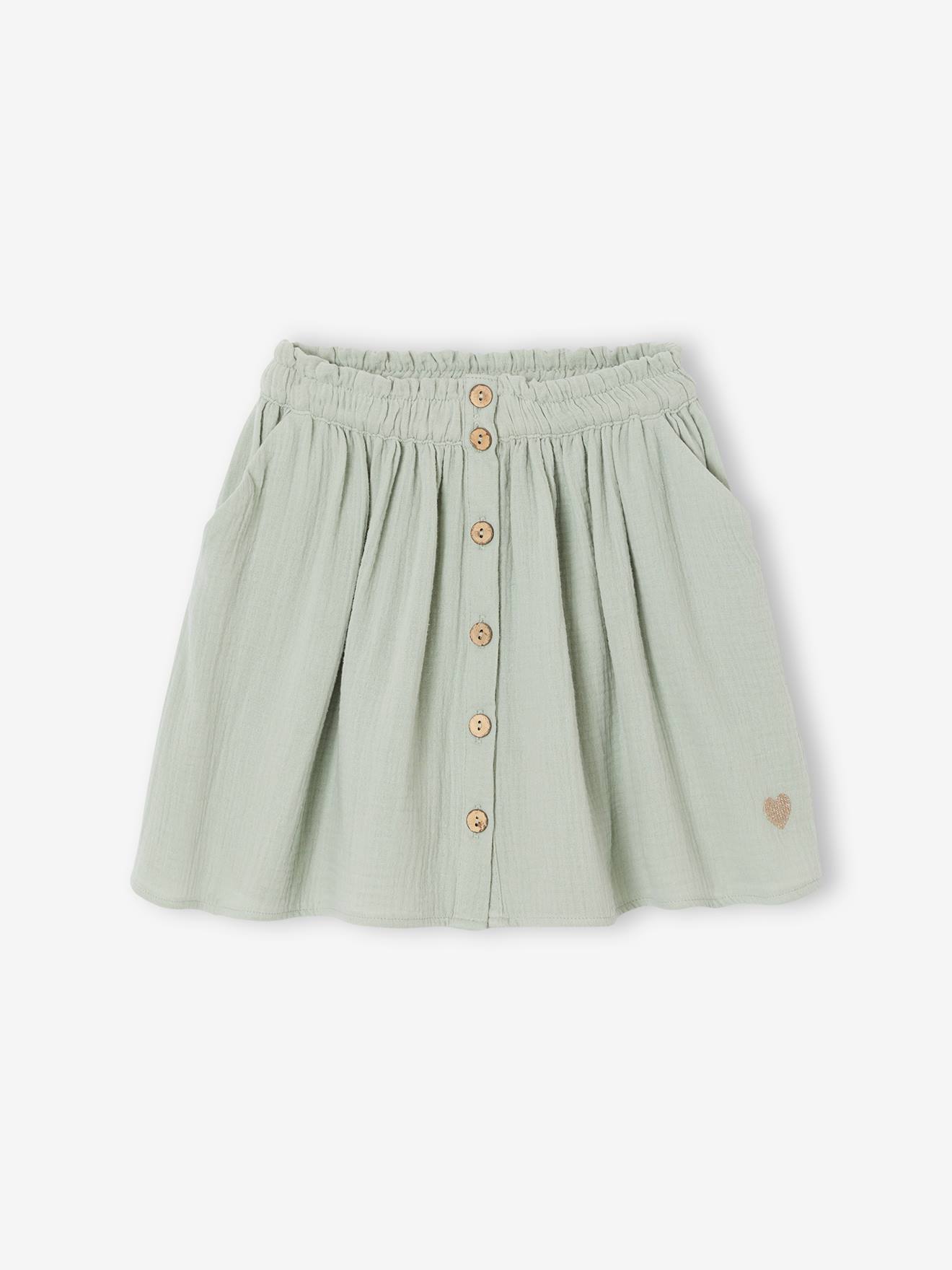 Jupe fille en gaze de coton vert sauge