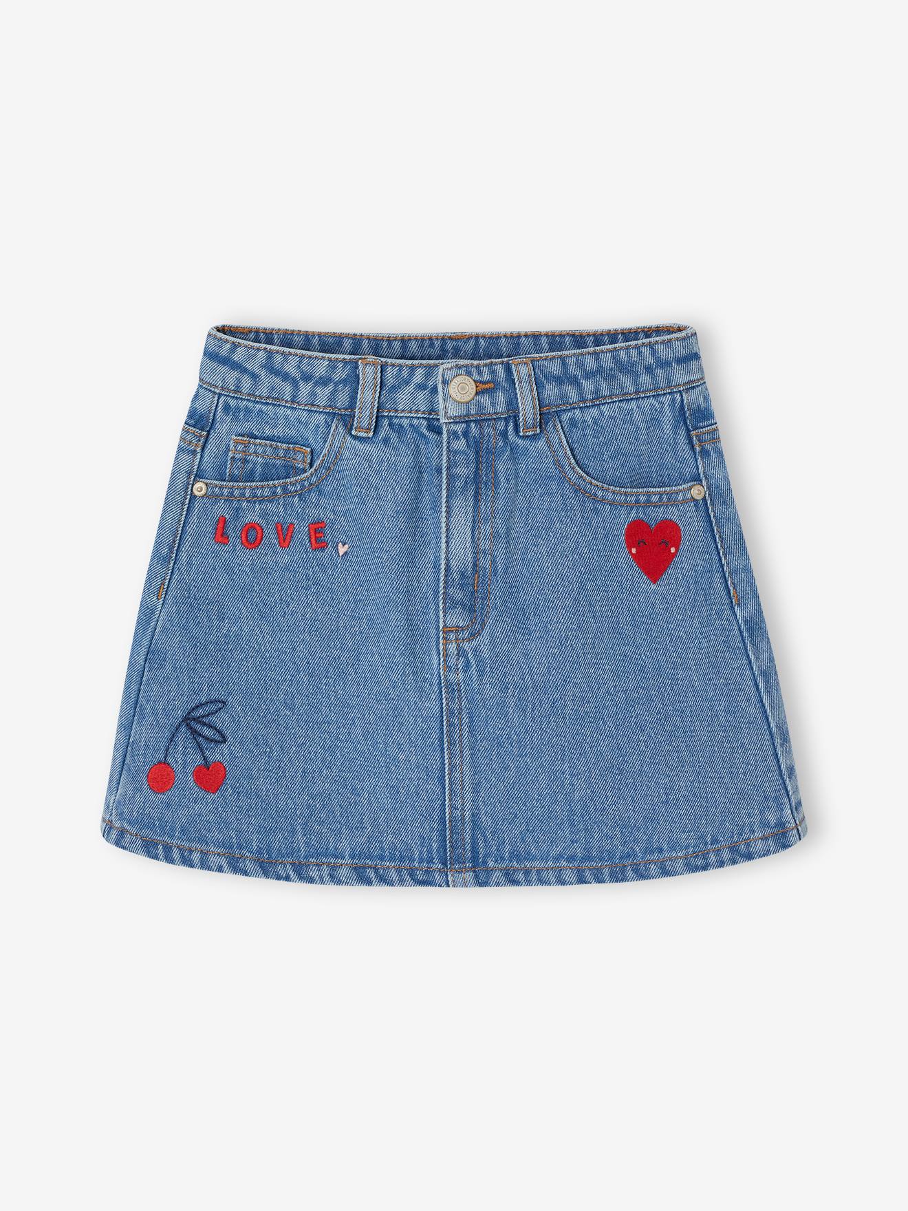 Jupe fille en jean avec broderie bleu moyen 16 €