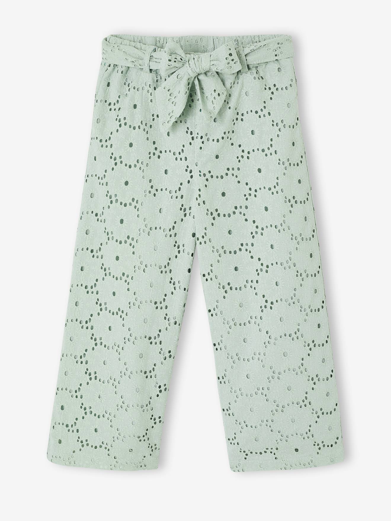 Pantalon large fille en broderie anglaise vert sauge