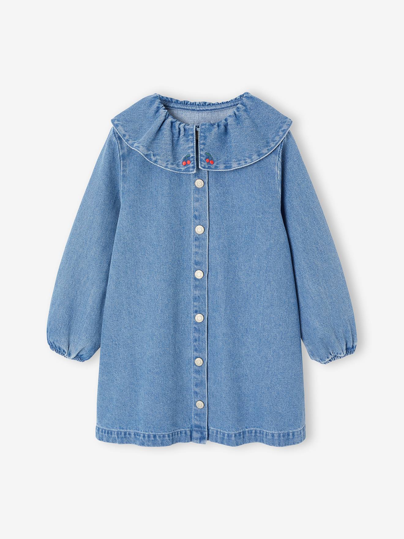 Robe fille en denim col volanté bleu moyen