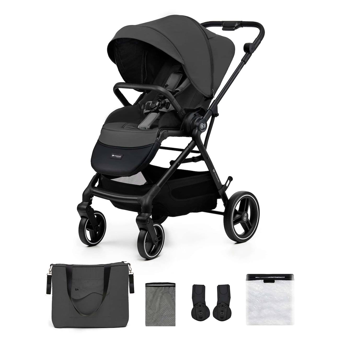 Poussette Kinderkraft Yoxi Réversible Face Ou Dos Route, Pliage Avec Siège, Roues Increvables Et Accessoires Inclus Gris