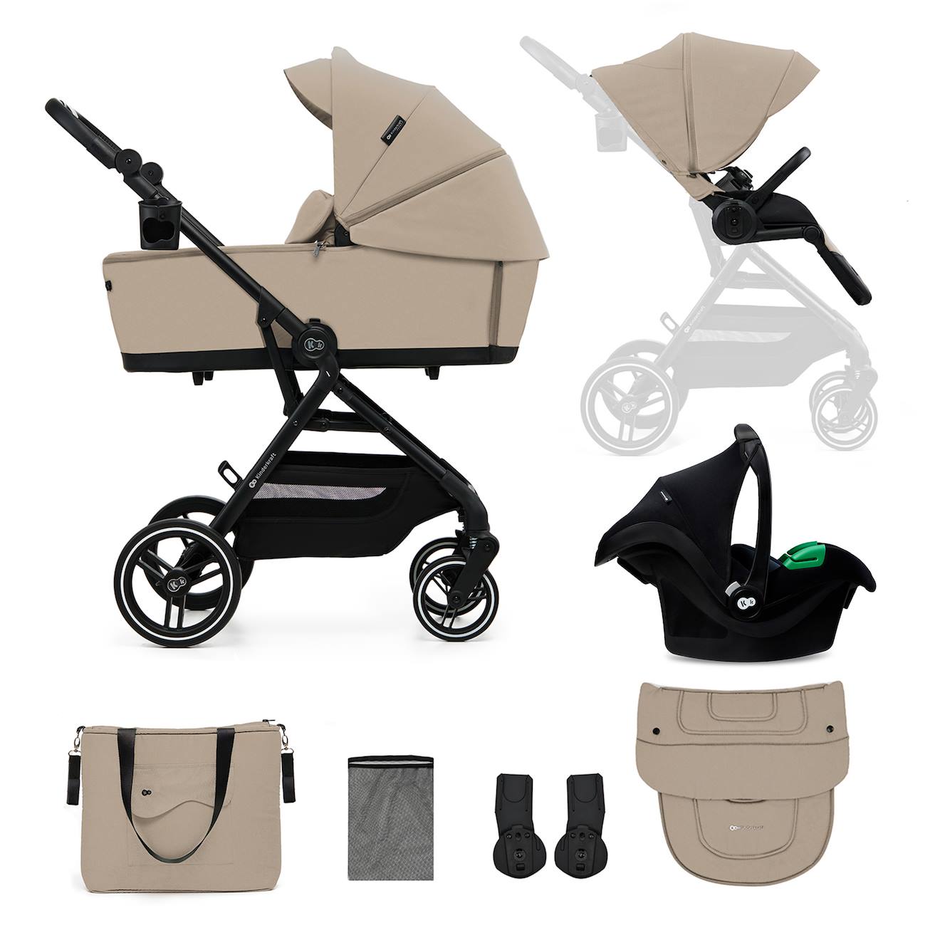 Poussette+2+En+1+Avec+Nacelle,+Roues+Anti-crevaison+Et+Accessoires+Beige