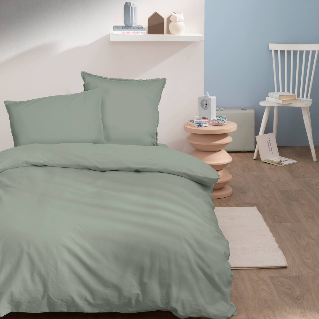 Housse de couette unie en coton, coton lavé lichen