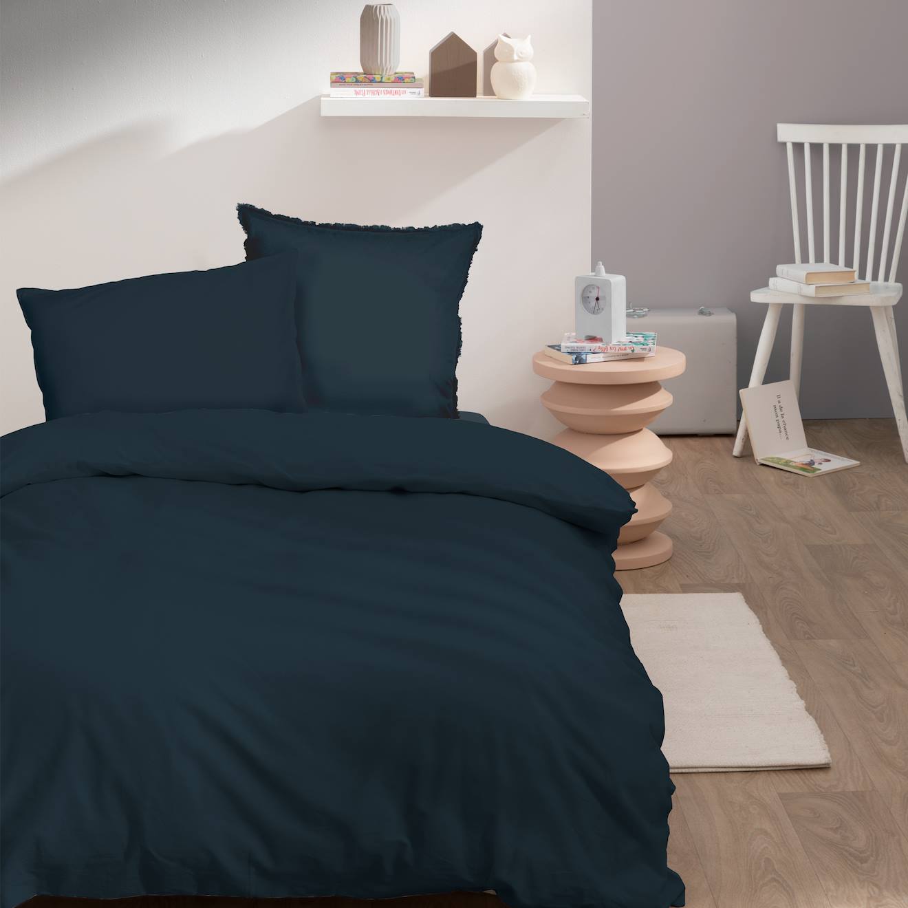 Housse De Couette Unie En Coton, Coton Lavé Bleu Nuit