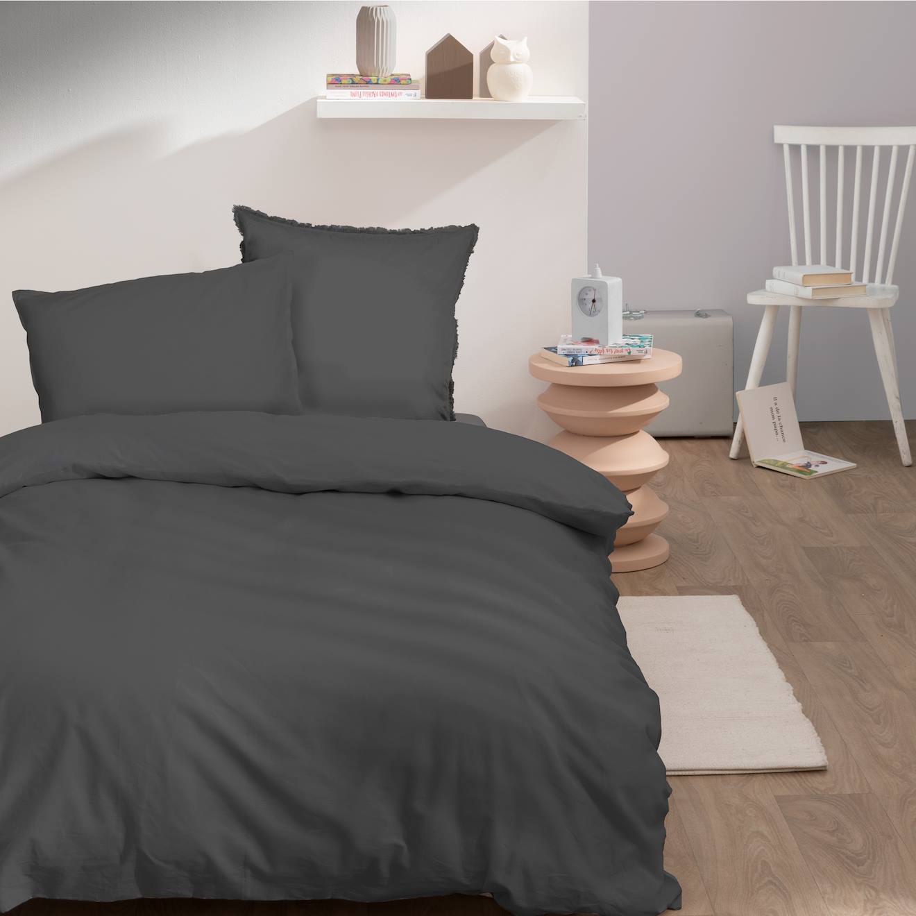 Housse De Couette Unie En Coton, Coton Lavé Anthracite
