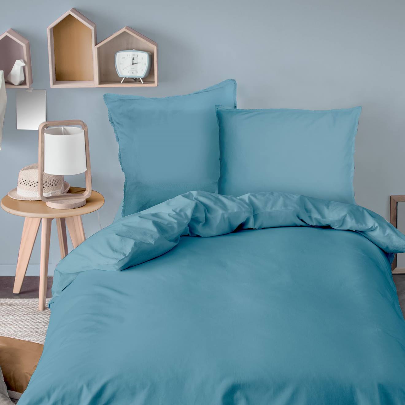 Housse De Couette Unie En Coton, Coton Lavé Bleu Glacier