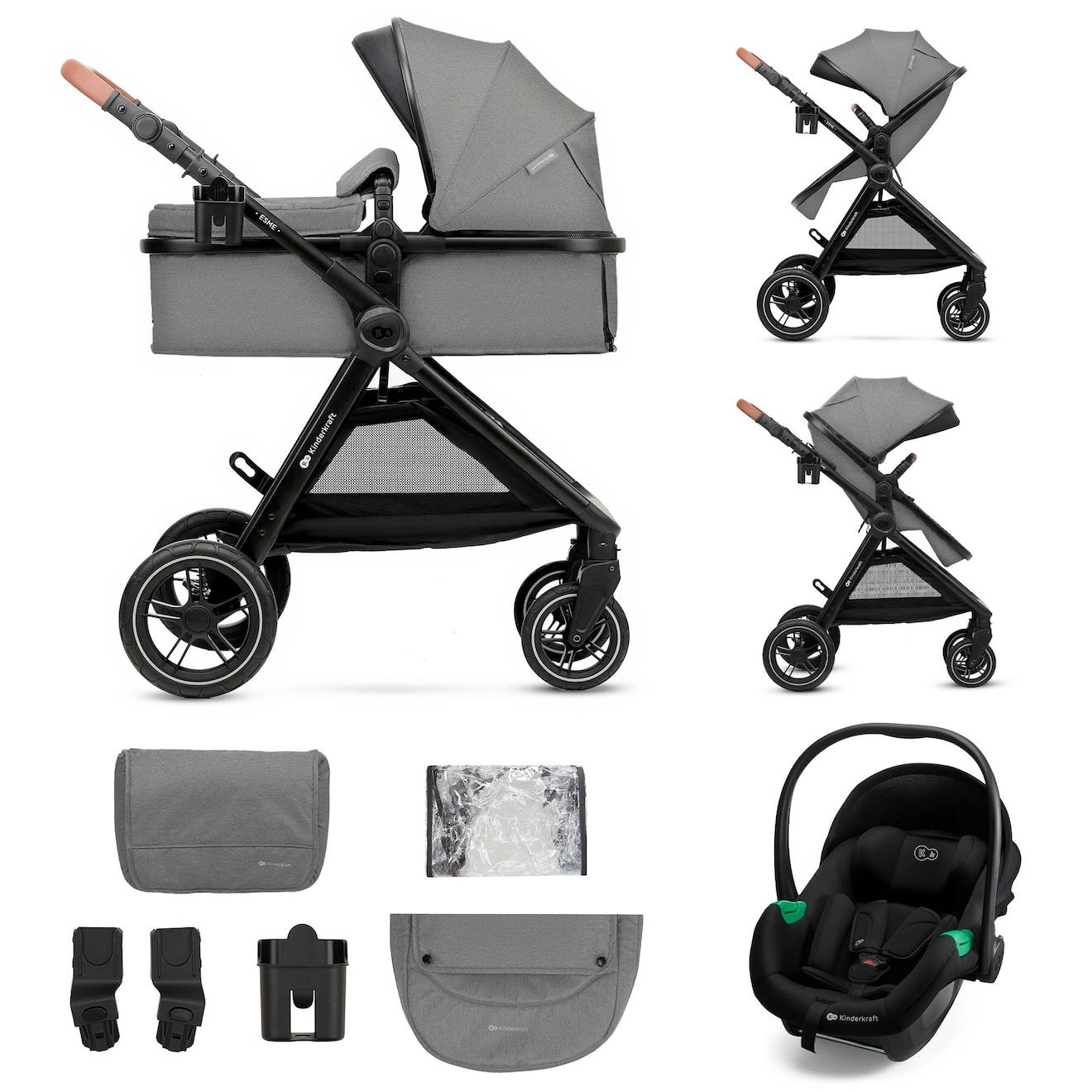 Poussette Kinderkraft Esme 3 En 1 Avec Siège Auto Mink Pro I-size, Travel System, Pliage Compact Et Roues Tpe Amorties Gris (Kinderkraft) - Couverture