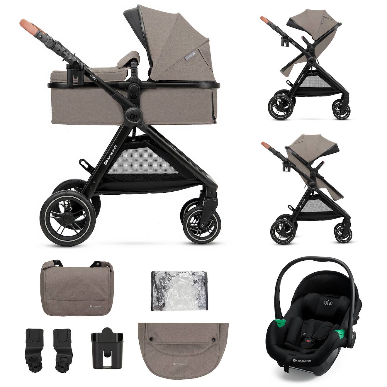Poussette Kinderkraft Esme 3 En 1 Avec Siège Auto Mink Pro I-size, Travel System, Pliage Compact Et Roues Tpe Amorties Beige (Kinderkraft) - Couverture