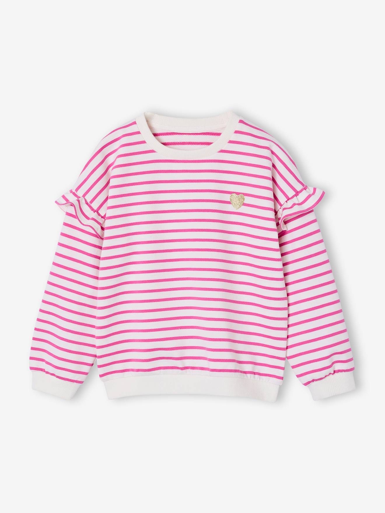 Sweat fille rayé manches à volants pivoine