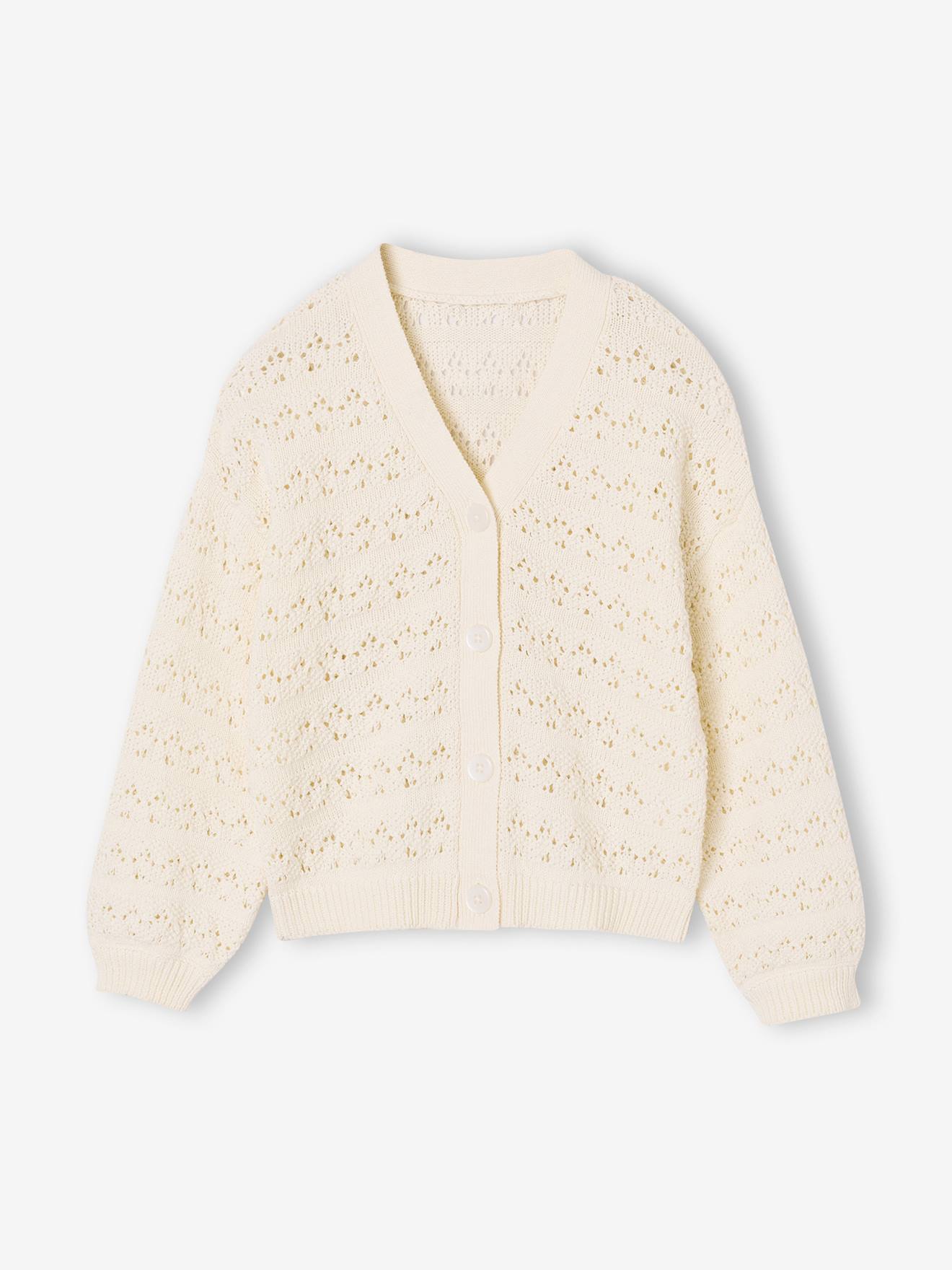 Gilet fille maille ajourée écru