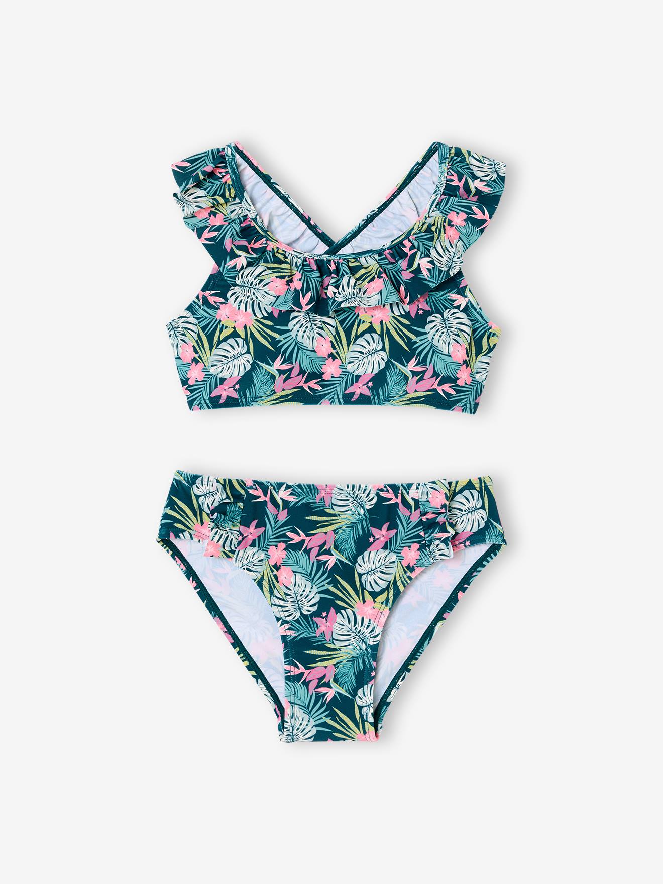 Maillot de bain 2 pièces imprimé fleuri vert imprimé