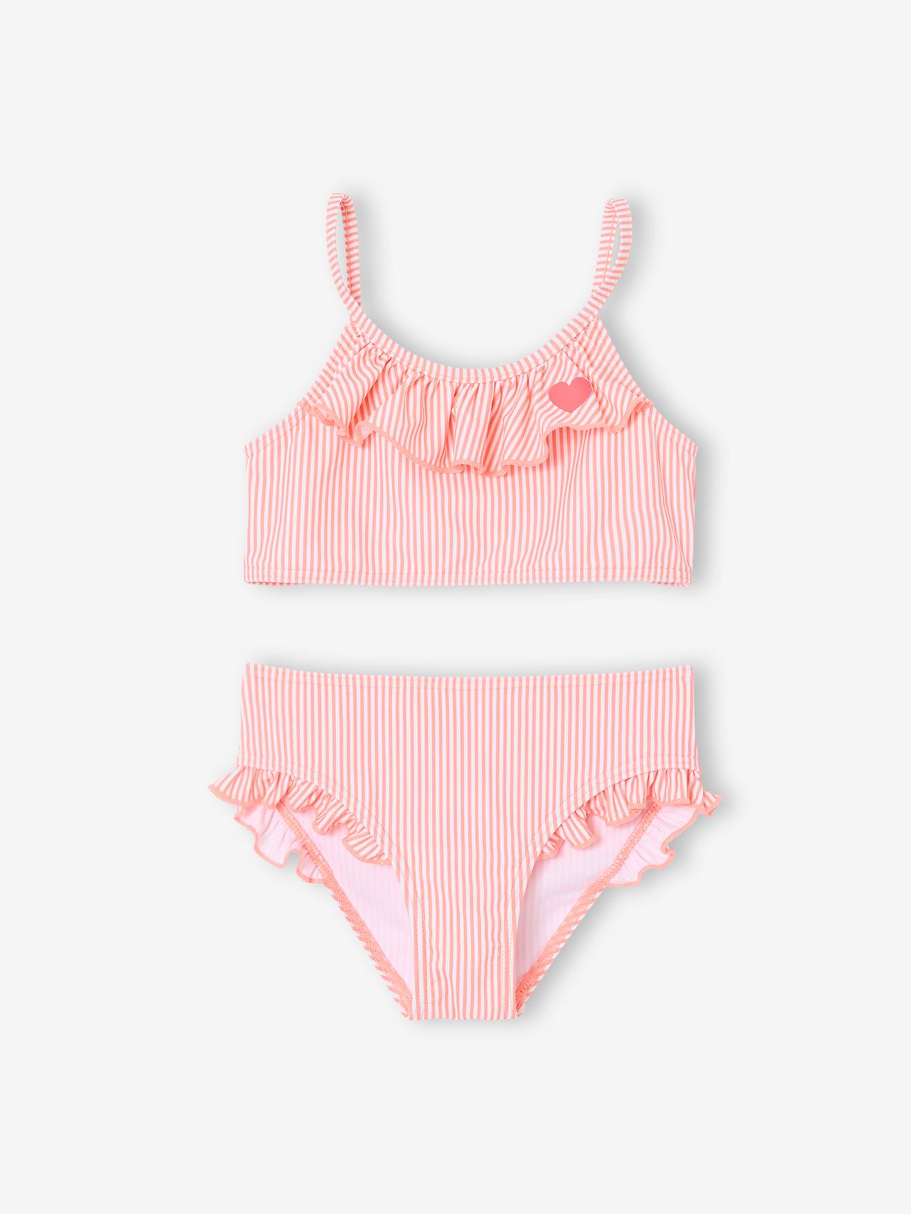 Maillot de bain fille 2 pièces rayé corail
