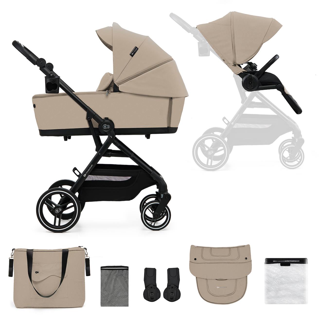 Poussette 2 En 1 Kinderkraft Yoxi Avec Nacelle Pliable, Siège Réversible, Roues Increvables Et Upf50+ Beige