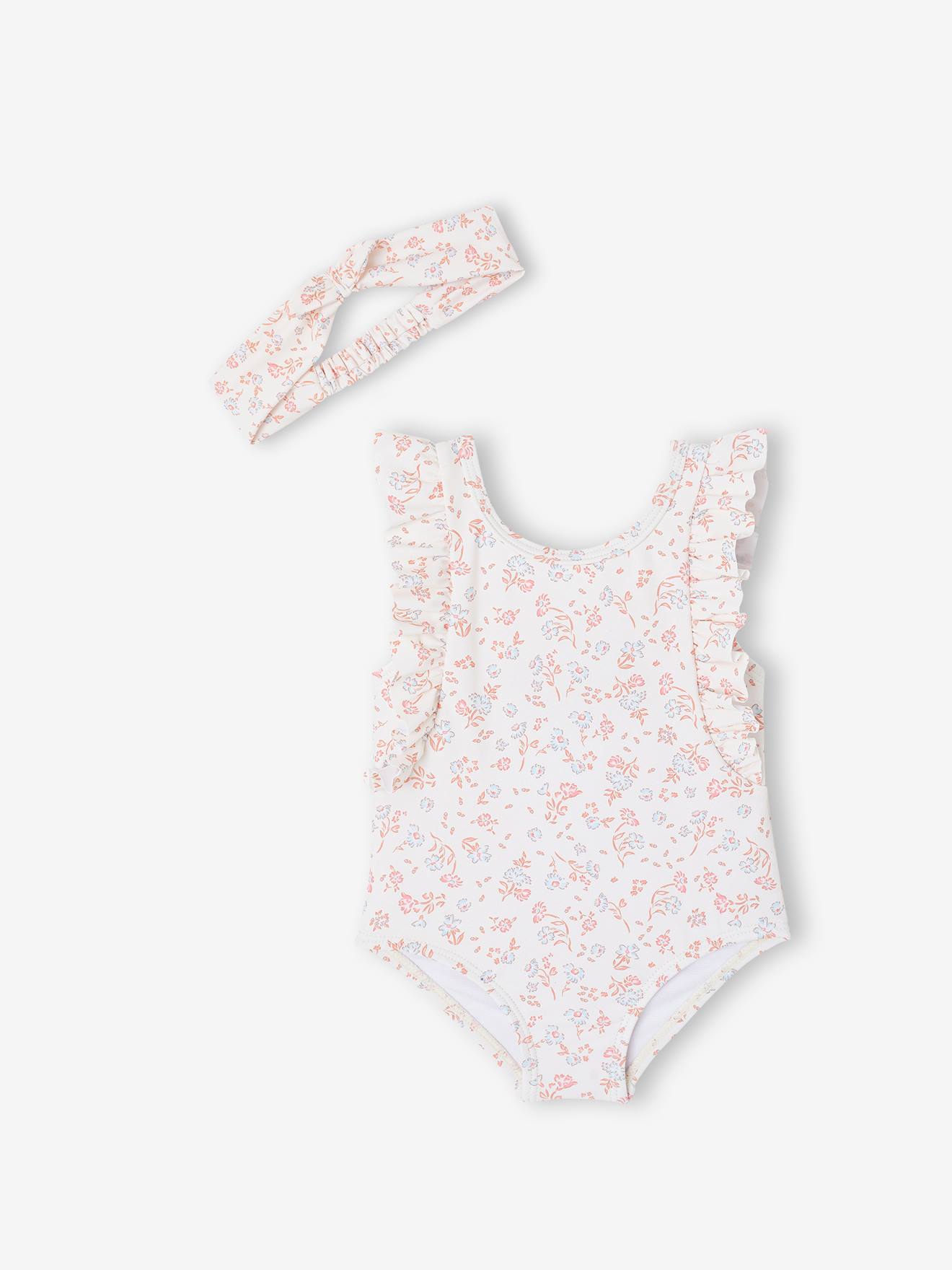 Ensemble de bain bébé maillot et bandeau écru