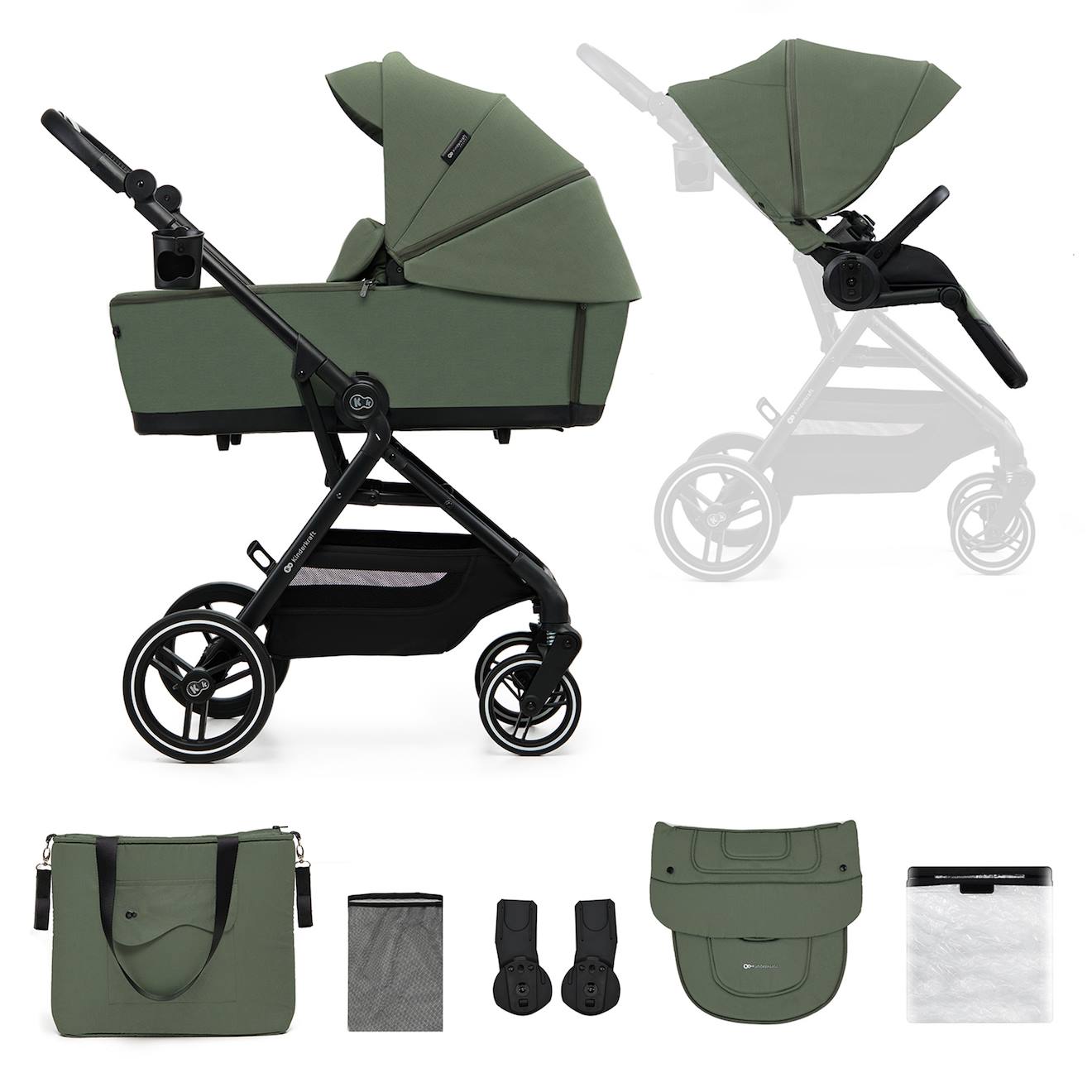 Poussette+3+En+1+Avec+Nacelle,+Roues+Anti-crevaison+Et+Accessoires+Vert