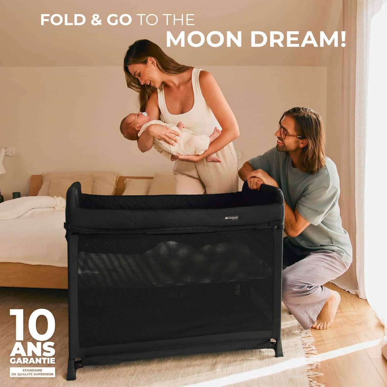 Lit Parapluie Kinderkraft Moon Dream Avec Sommier Suspendu, Matelas Inclus, Pliage En Un Geste Et Sac De Transport Noir (Kinderkraft) - Image 1