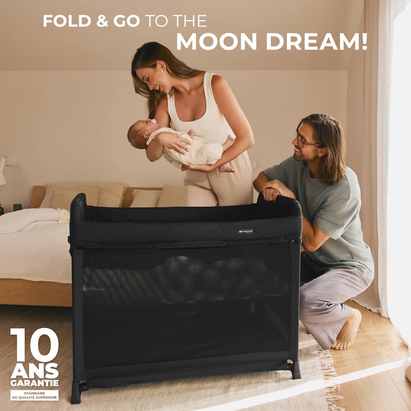 Lit Parapluie Kinderkraft Moon Dream Avec Sommier Suspendu, Matelas Inclus, Pliage En Un Geste Et Sac De Transport Beige (Kinderkraft) - Image 1