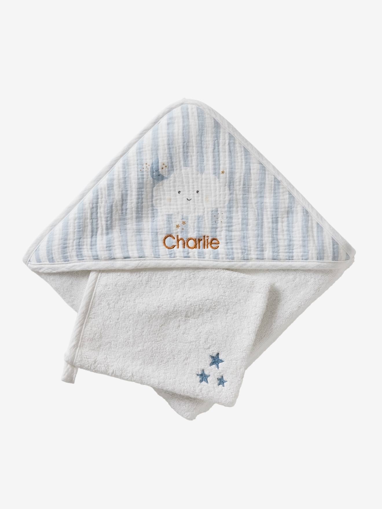 Cape de bain personnalisable + gant de toilette DANS LES NUAGES rayé bleu (Vertbaudet) - Image 2