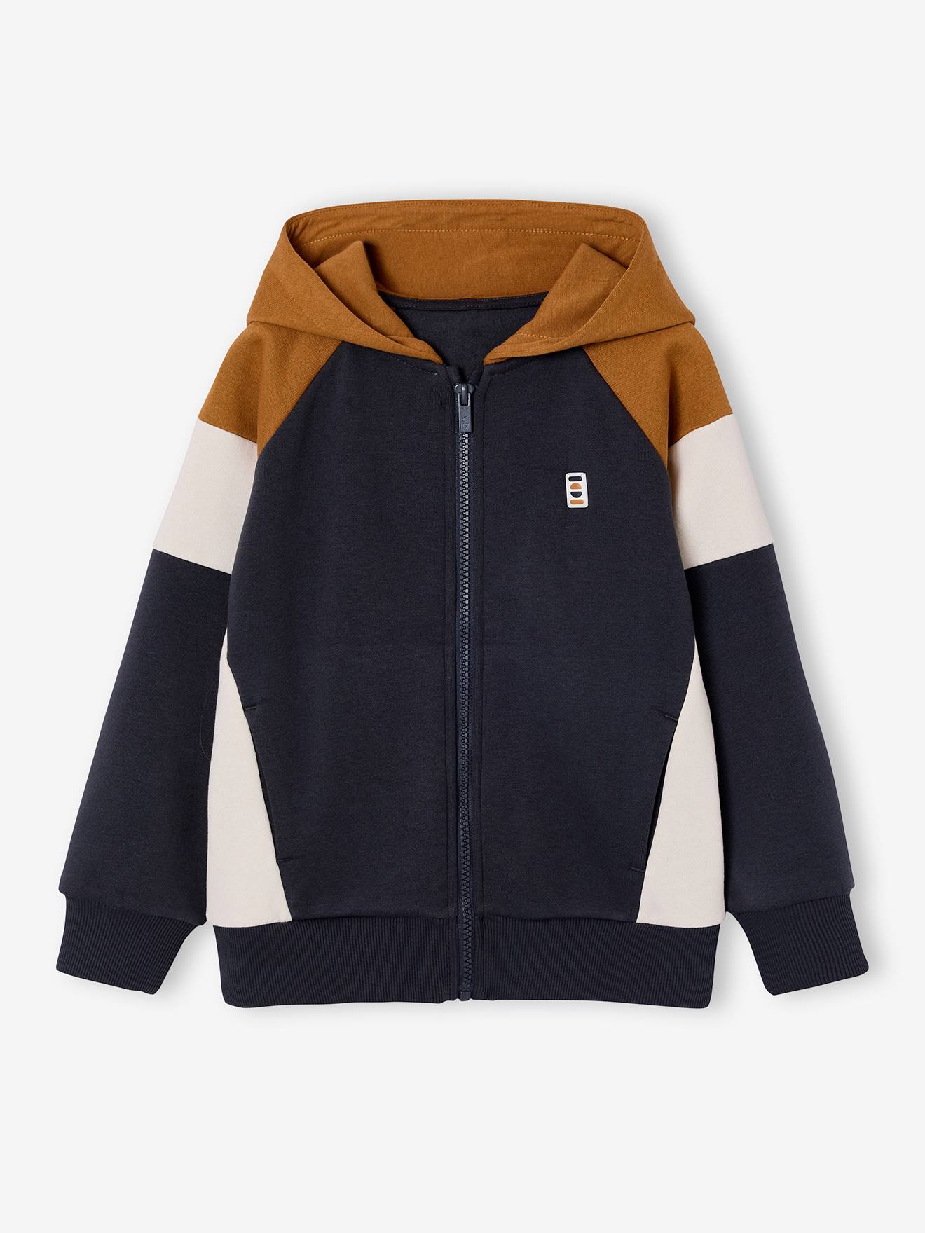 Sweat zippé garçon capuche coloblock ocre